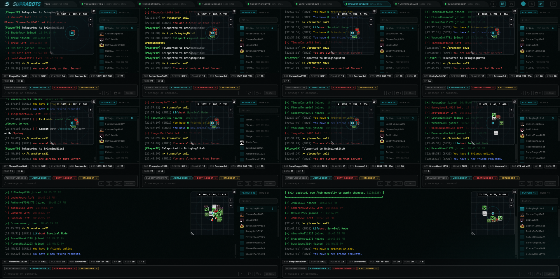 Suprabots multi-bot dashboard, four bots running side by side