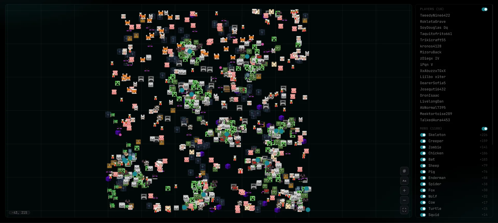 Live scan map showing nearby players and mobs